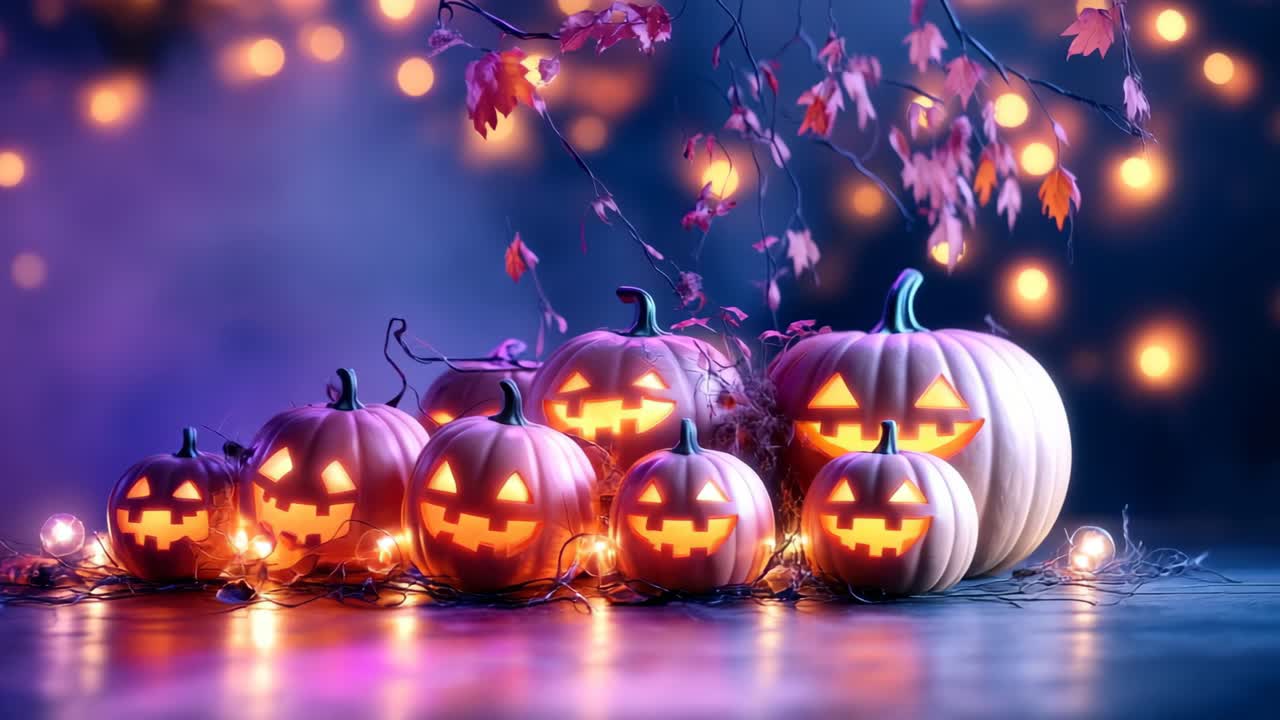 Inquadratura dal basso di jack-o'-lantern luminose in una notte nebbiosa, circondate da lucine fatate e decorazioni autunnali