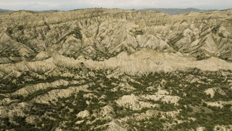 arid sandstone canyon with ragged hills and bushes in georgia