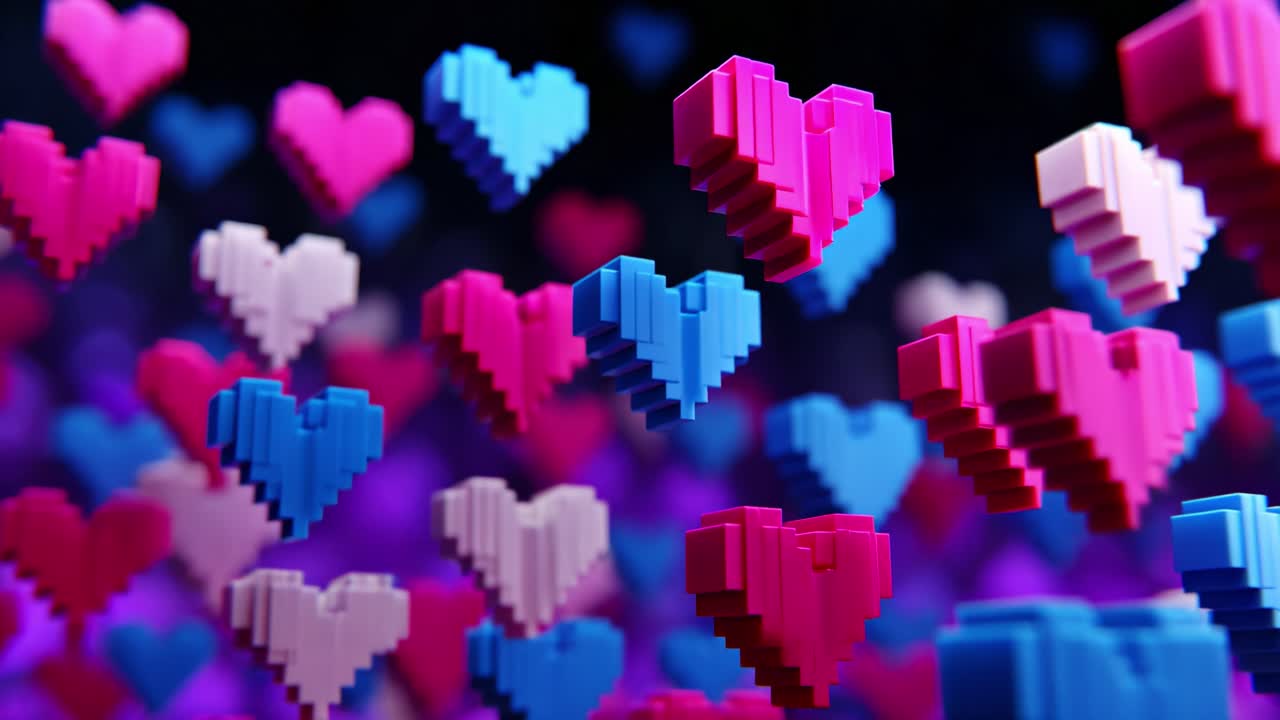 A Stunning Display of Pixelated Hearts in Vibrant Colors Floating Against a Mystical Background, Capturing the Essence of Love, Affection, and Digital Artistry in a Whimsical Universe of Playful Shapes and Textures