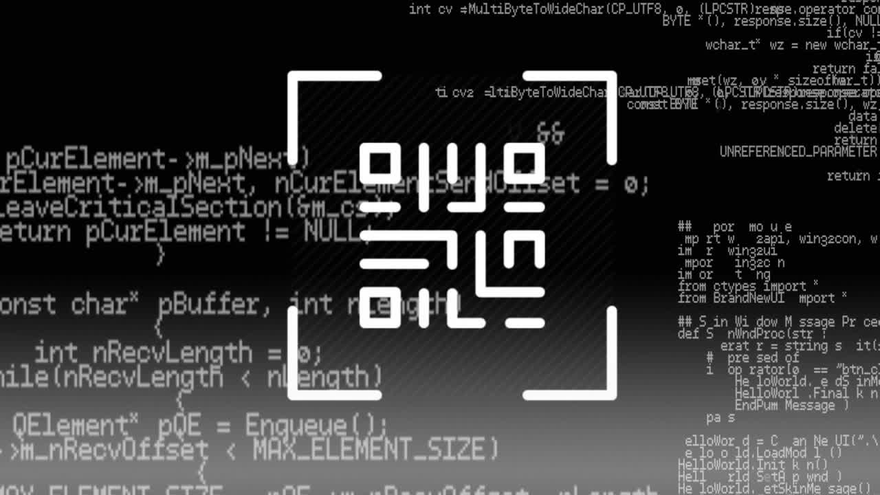 Animation of qr code and data processing on black background