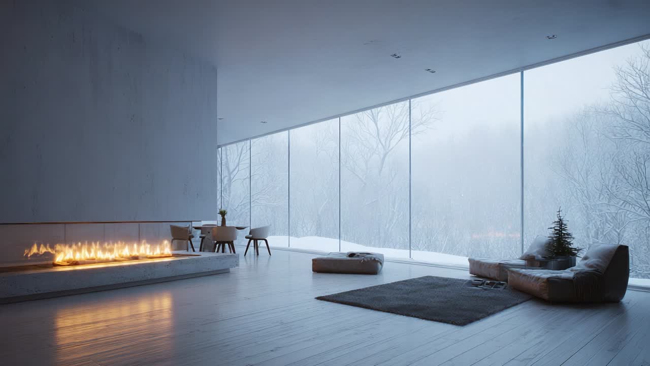 A Cozy Modern Living Room with a Warm Fireplace Surrounded by Large Glass Windows Showcasing a Snowy View of Nature, Perfect for Winter Relaxation and Comforting Gatherings with Family and Friends