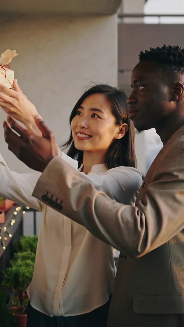 Vertical video: Smiling woman lifting gift onto balcony railing to show, man guiding by plants