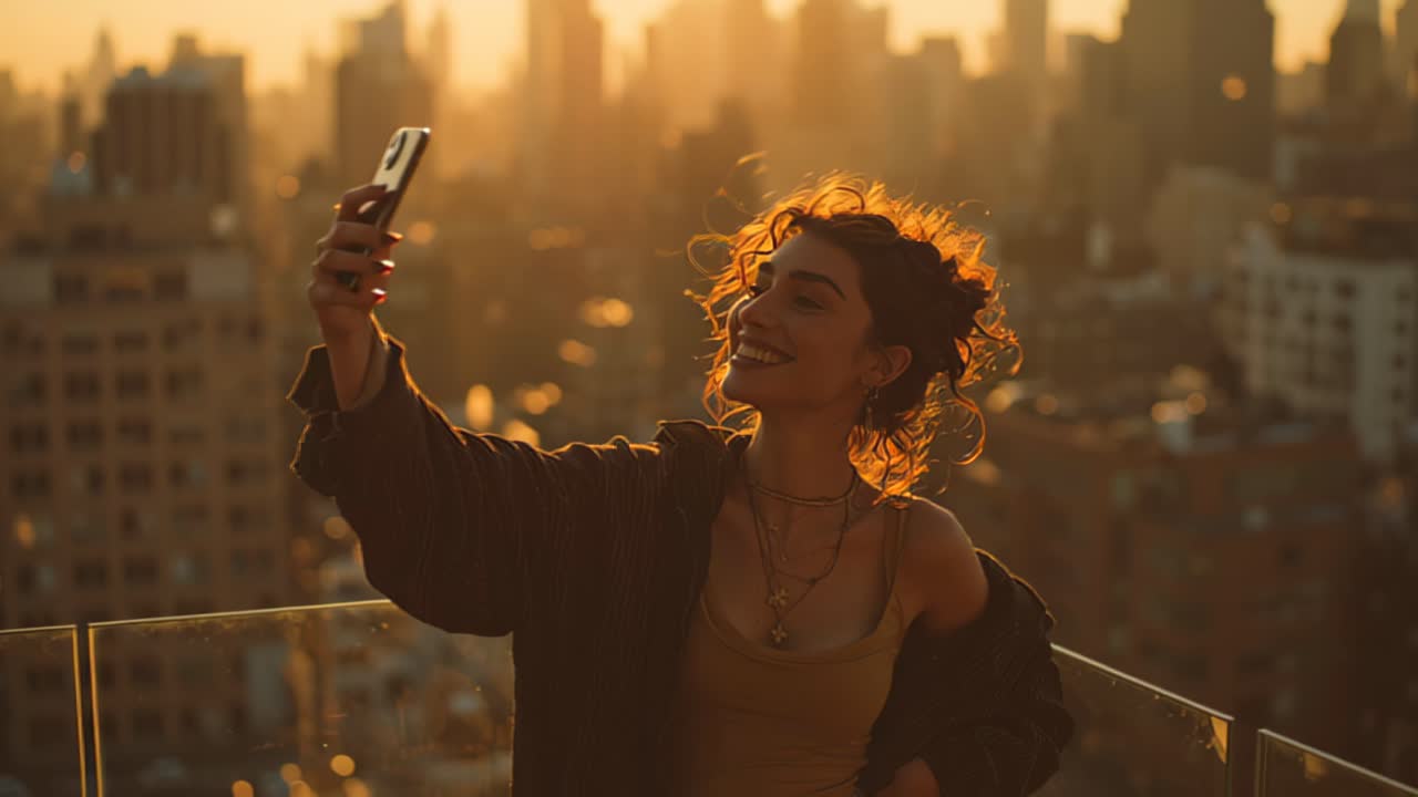 Giovane donna sorridente si scatta un selfie con lo smartphone su una terrazza sul tetto durante l'ora d'oro, con uno skyline cittadino con bokeh morbido sullo sfondo e un controluce caldo