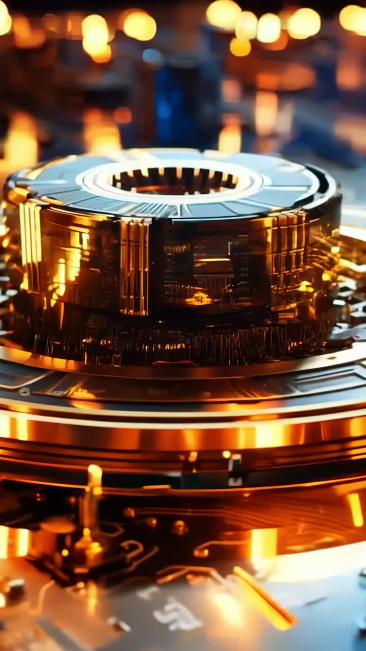 A computer chip with a gold center and a blue background