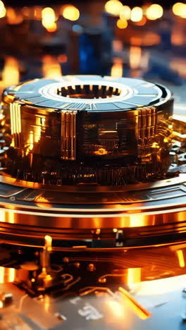 a computer chip with a gold center and a blue background