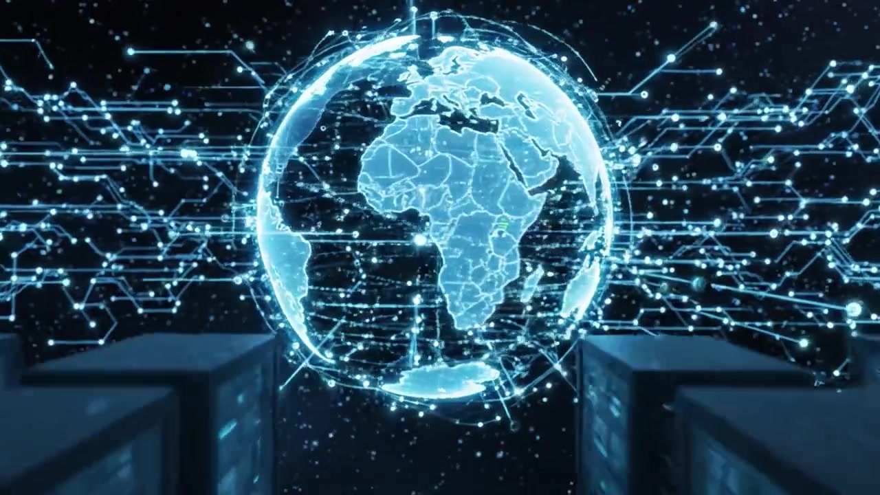 A Journey Through the Digital Universe: From Server Halls to Global Connectivity in a Neon-Illuminated Networked World