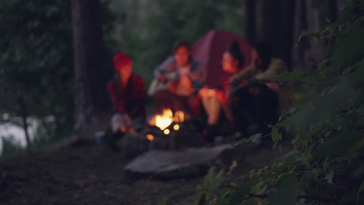 Friends Camping by a Campfire at Night