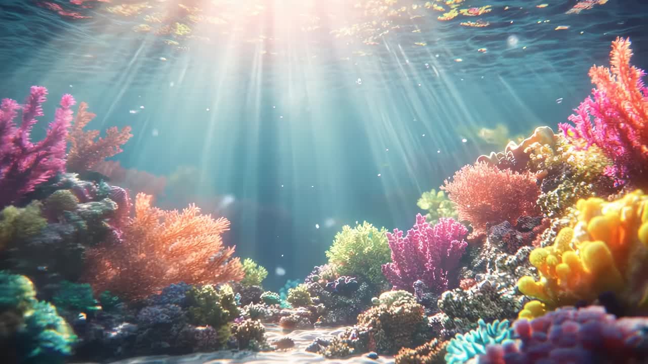 Underwater video of vibrant coral reef, captured from a low angle, showcasing colorful marine life