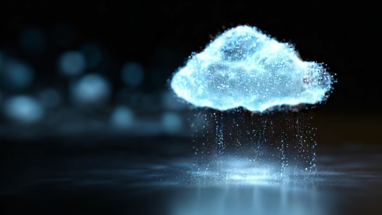 A mesmerizing depiction of a glowing cloud formed from particles, illustrating a blend of technology and nature in a captivating visual representation
