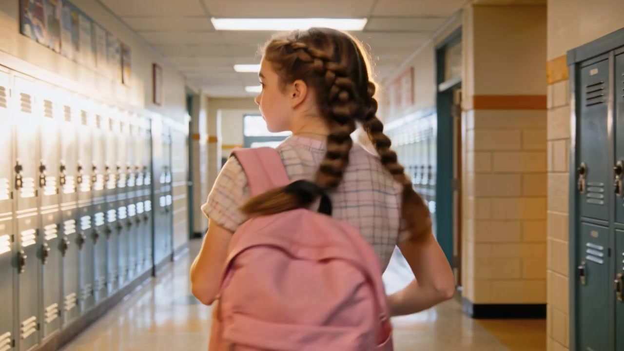 Studentessa adolescente che cammina, sistemandosi gli spallacci dello zaino rosa e guardando lungo il corridoio verso l'uscita