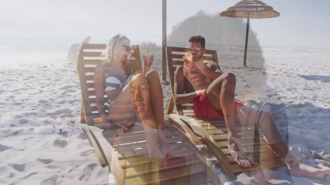 Relaxing on beach chairs, couple drinking with thoughtful woman in animation overlay