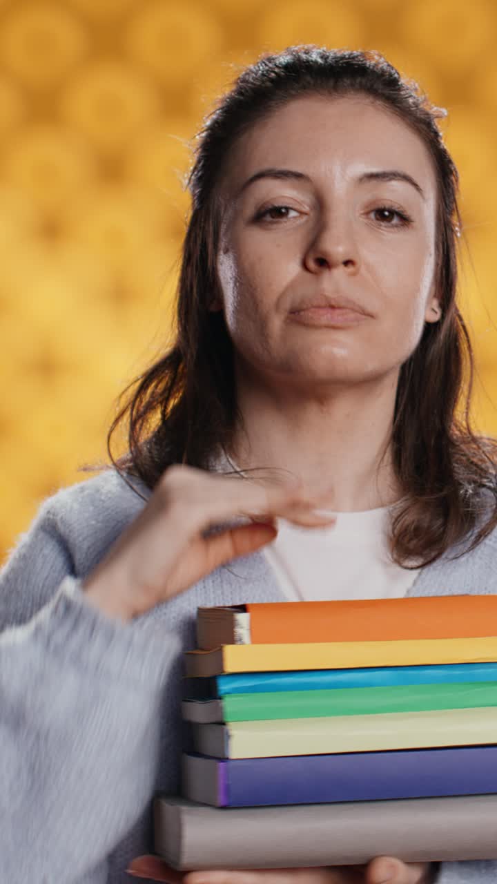 Jovem segurando uma pilha de livros faz um gesto de pare