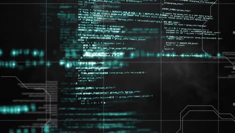 animación digital del procesamiento de datos sobre líneas de cuadrícula contra el humo que se mueve sobre un fondo negro