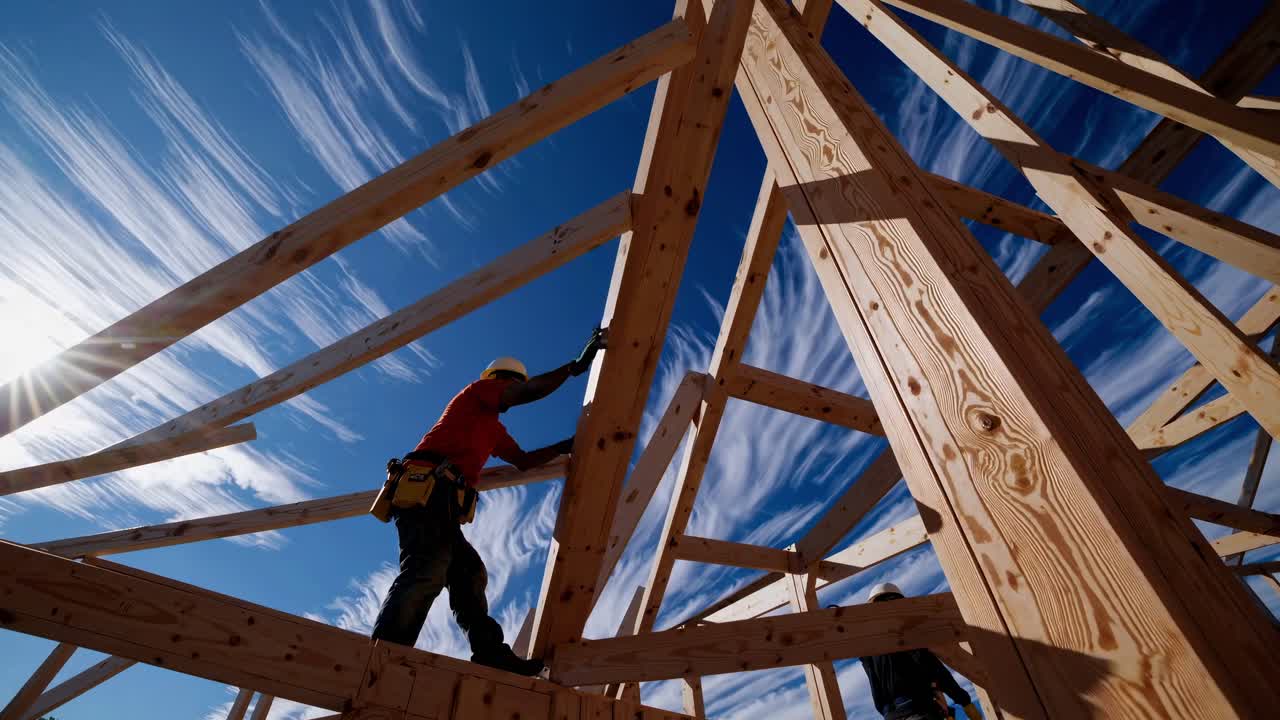 Low-angle shot of a construction worker on a wooden frame under a blue sky, capturing a dynamic