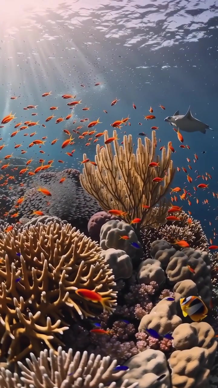 Manta raya deslizándose sobre un vibrante arrecife de coral con bancos de peces