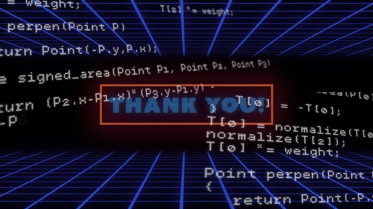 Animation of data processing and thank you text on black background