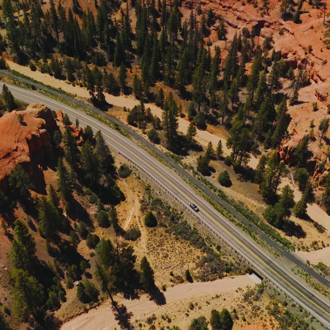 Flying over the orange rocks overgrown with pine trees. Highway passing through the Arches National Park in Utah, USA