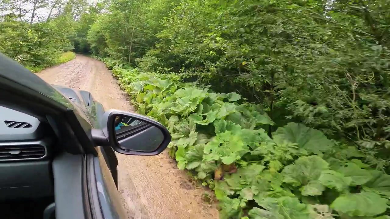 POV dall'interno dell'auto diretta verso i Monti Fagaras attraverso strade fangose e acquose in Romania