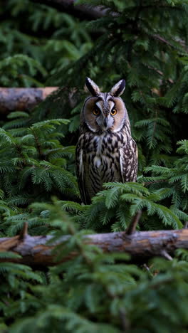 long-eared owl perched among green fir branches