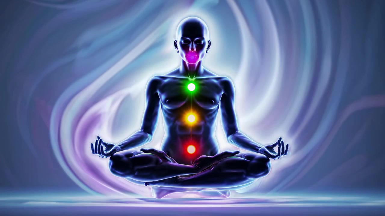 Silhouette umana in meditazione con punti energetici chakra luminosi
