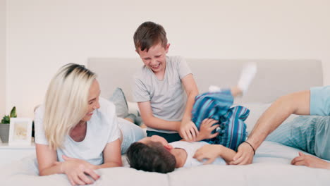 happy, bedroom and home with family