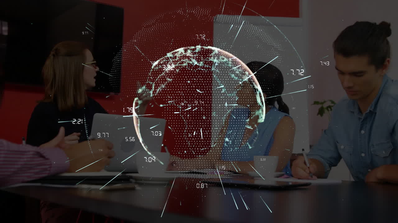 사무실에서 회의를 열고 있는 다양한 동료들에 대한 데이터 처리로 지구상의 애니메이션