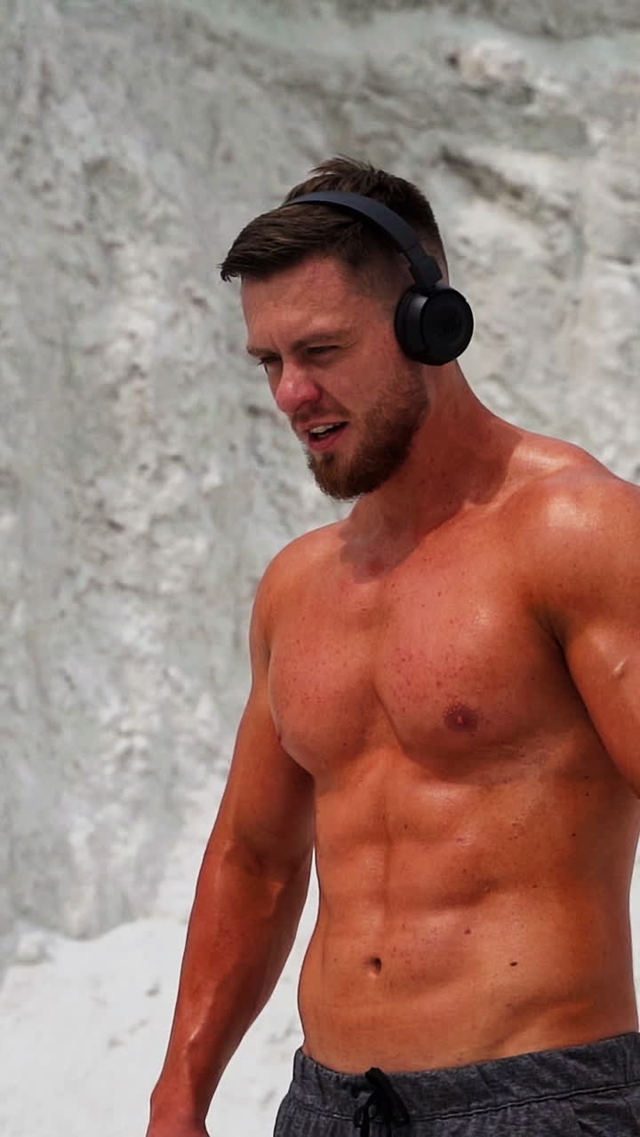 Music best companion to training. Portrait of young male athlete listening music outdoor Vertical video