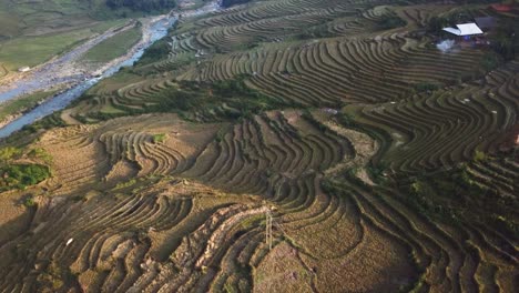 Geradeaus-Absteigende-Luftaufnahme-über-Atemberaubende,-Mit-Reisterrassen-Angelegte,-Grünbraune,-Neblige-Berge-Und-Den-Fluss-In-Sapa,-Vietnam-In-Der-Abenddämmerung,-Wenn-Die-Sonne-Untergeht