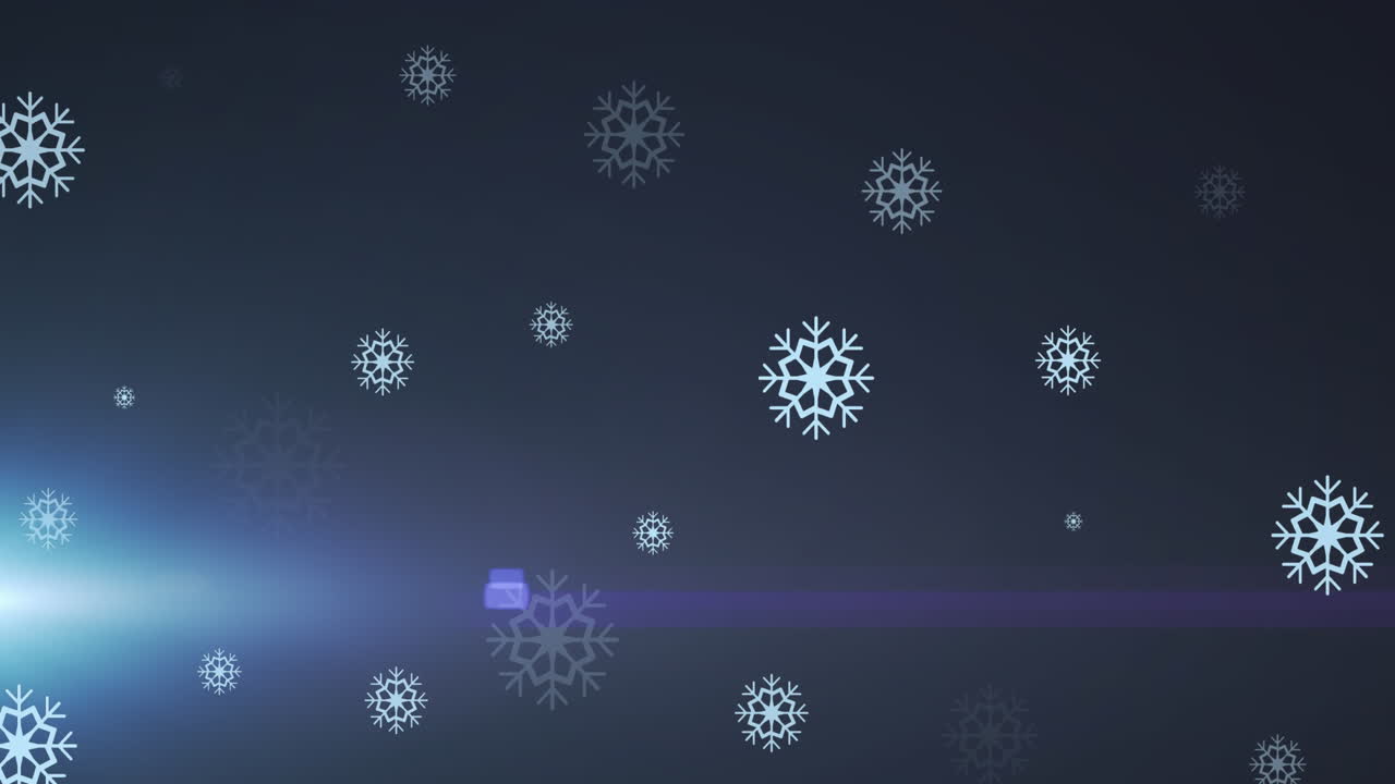 コピースペースのある青い背景に光のスポットが当たり、雪の結晶が舞い落ちるアニメーション。