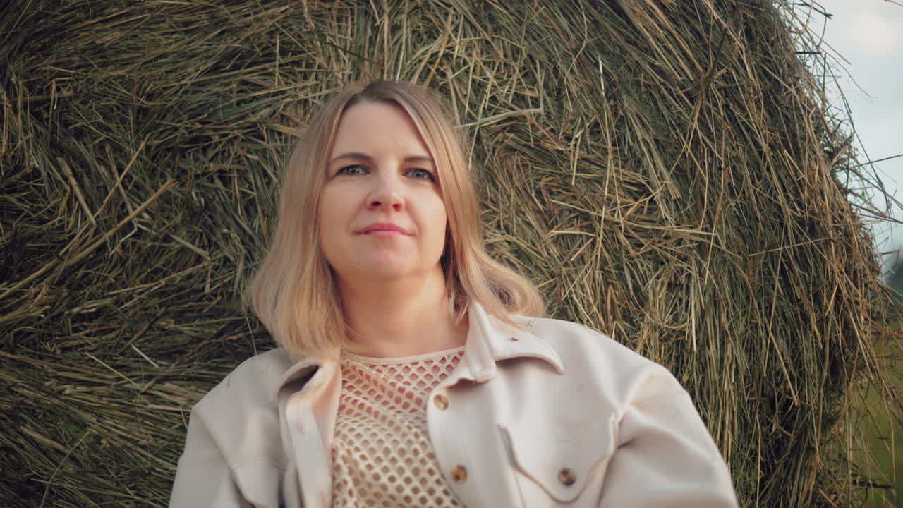 mujer con camiseta y chaqueta se apoya contra la bala de heno con una cálida sonrisa, disfrutando de un momento pacífico en el campo, la luz del sol destaca suavemente su rostro, creando una atmósfera serena y relajada