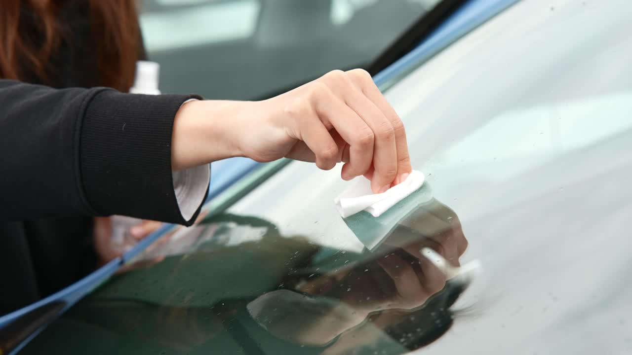 자동차 앞 유리창을 청소하는 여자