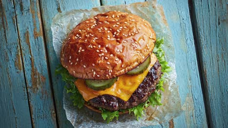 close up of a cheeseburger with lettuce, pickles and cheese