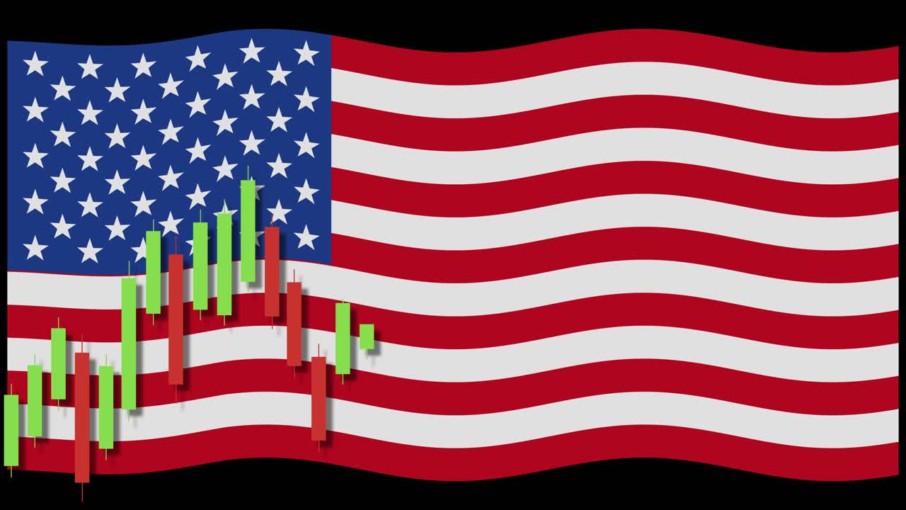 Candlestick chart animation over a waving American flag, illustrating financial growth and market trends with vibrant colors and smooth transitions