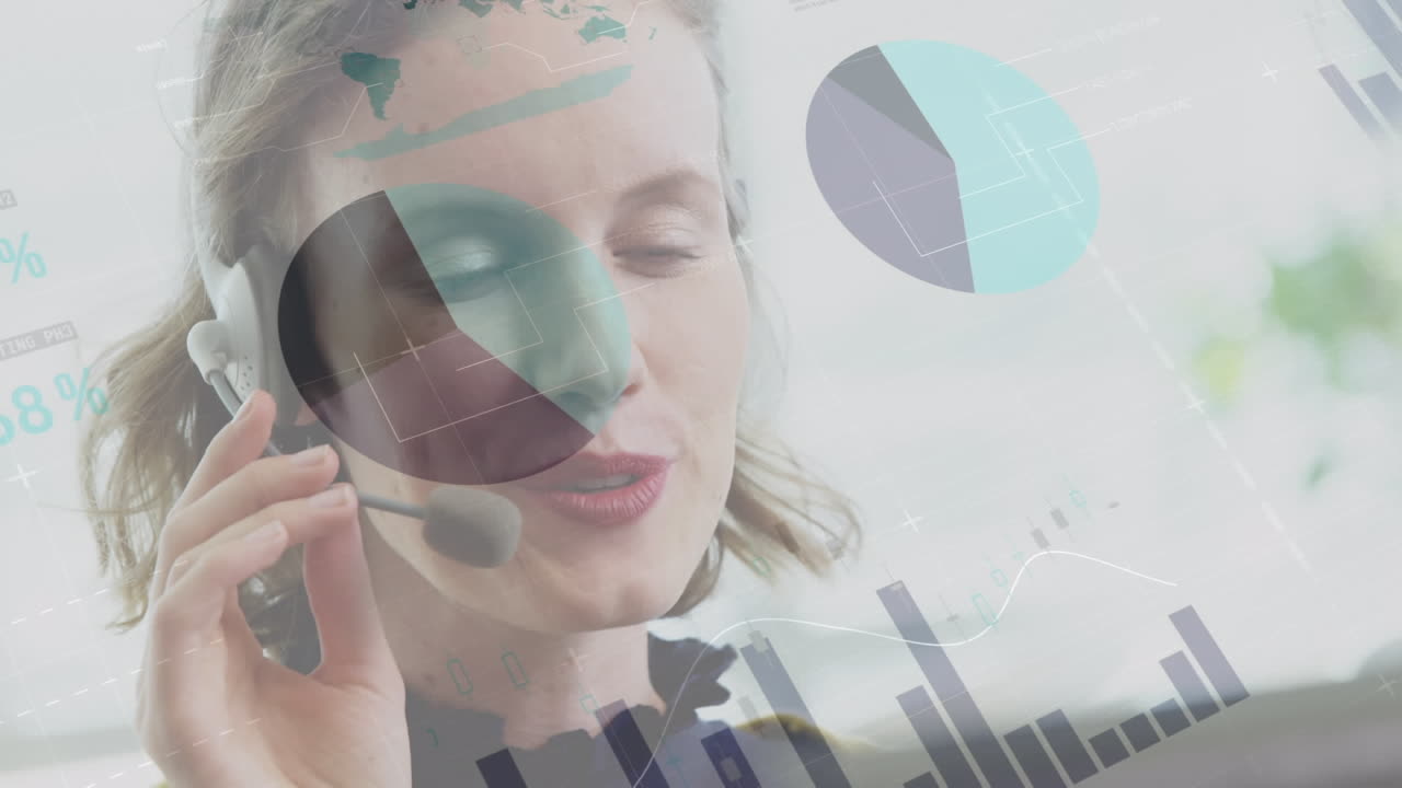 animación de registro de estadísticas sobre una mujer de negocios usando auriculares de teléfono