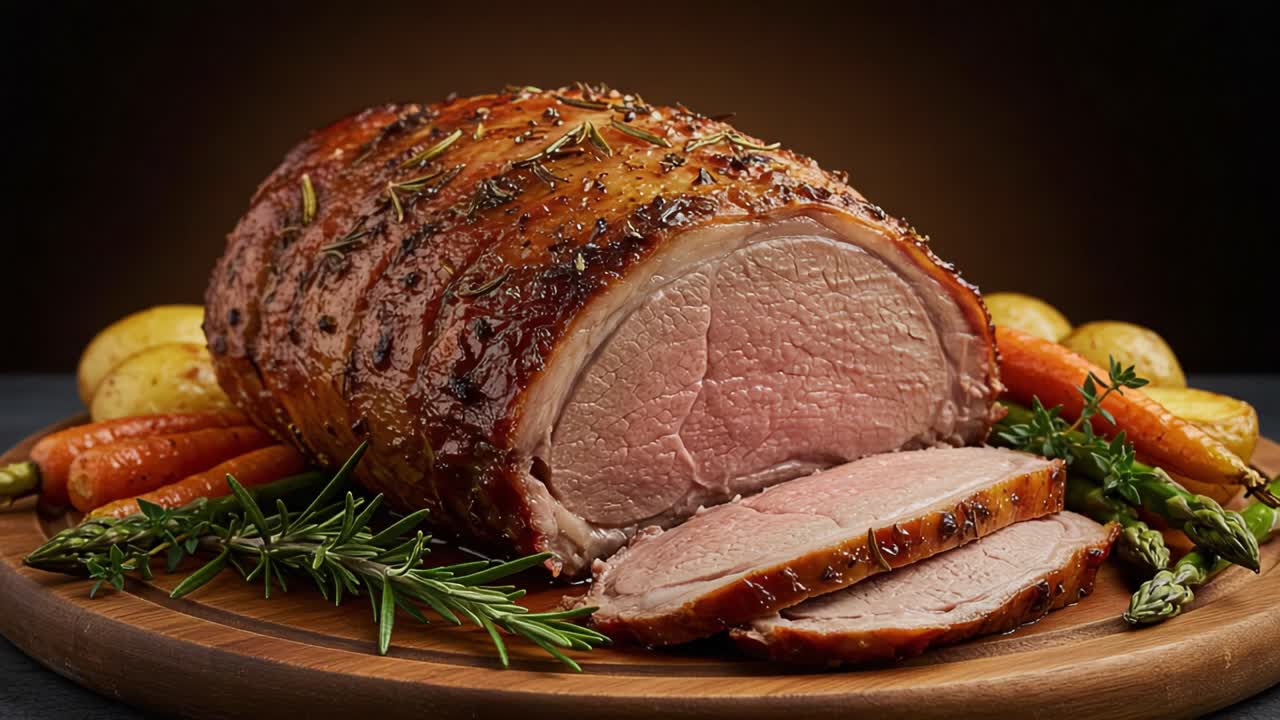 Perfectly Roasted Meat with Crispy Skin and Vibrant Vegetables, Showcasing a Succulent Slice Surrounded by Fresh Herbs and Colorful Side Dishes for a Gourmet Meal