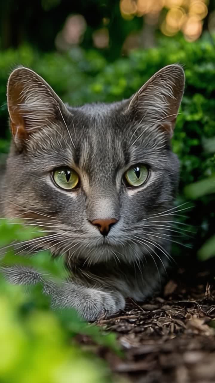 Un primo piano di un gatto grigio con occhi verdi penetranti, immerso nel verde lussureggiante, che esemplifica la serenità e la bellezza della natura in un ambiente esterno tranquillo.