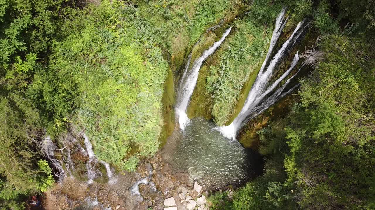 Aerial View Waterfall Cascada Calicanto in Tormon, Aragon, Spain