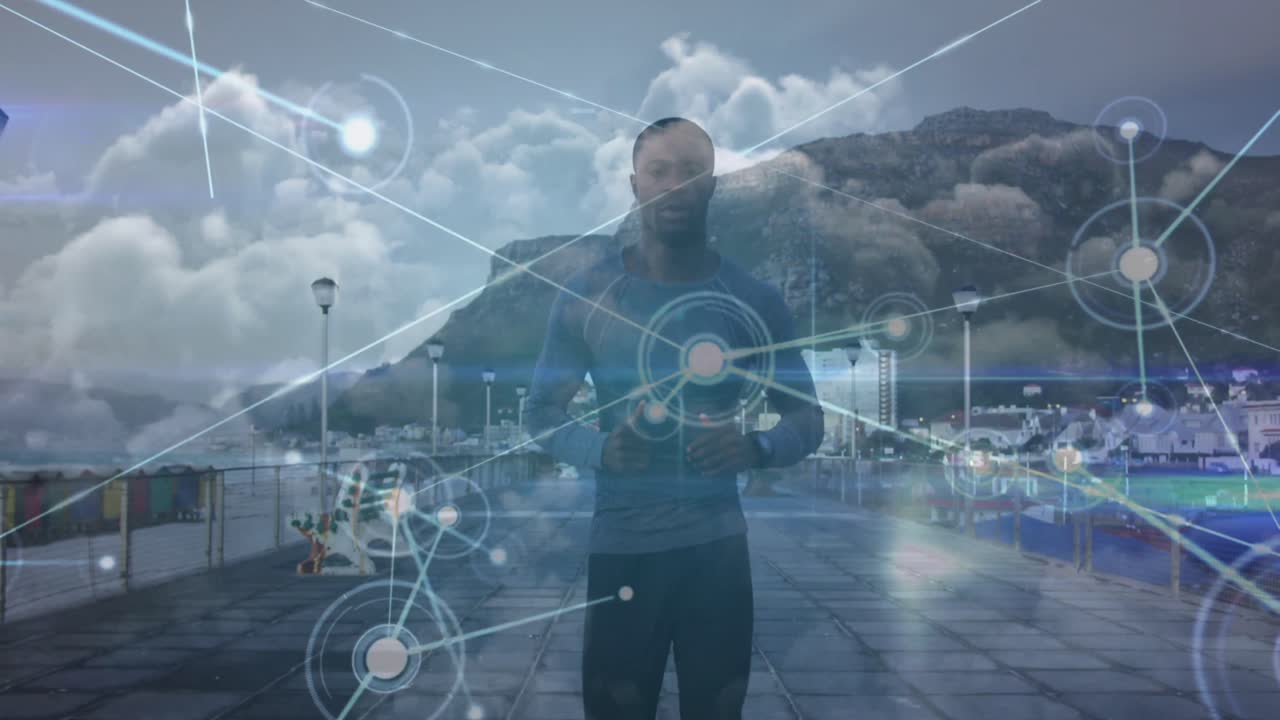 animación de una red de conexiones sobre un hombre afroamericano corriendo