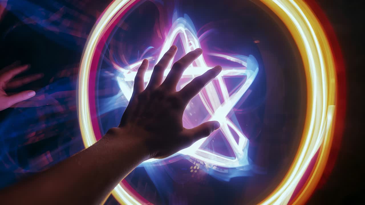 Entering frame, bare right forearm reaching to touch neon star in dark room, with ring reflection