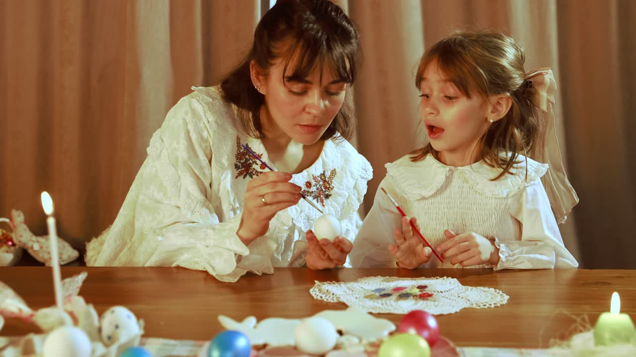 Mother and Daughter Painting Easter Eggs