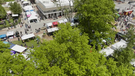 Dogwood-Festival-Booths-And-Stalls-In-Siloam-Springs,-AR,-USA---aerial-drone-shot