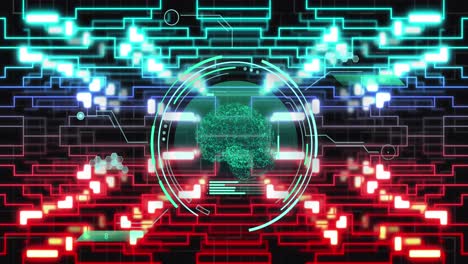 Animation-of-human-brain,-connections-and-data-processing-over-circuit-board