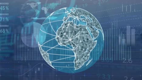 Animation-of-light-trails-over-spinning-globe-against-statistical-and-stock-market-data-processing