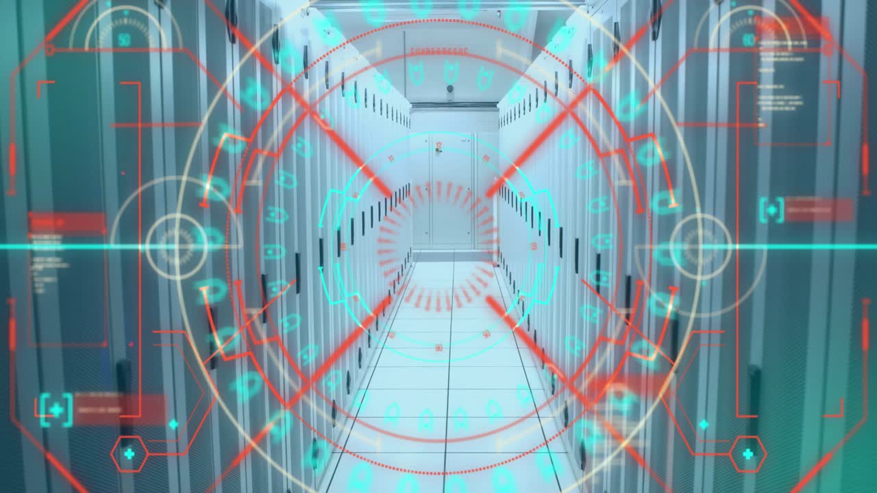 サーバールームを背景に、ロード中の円とコンピューター言語によるマンダラ模様のアニメーション。