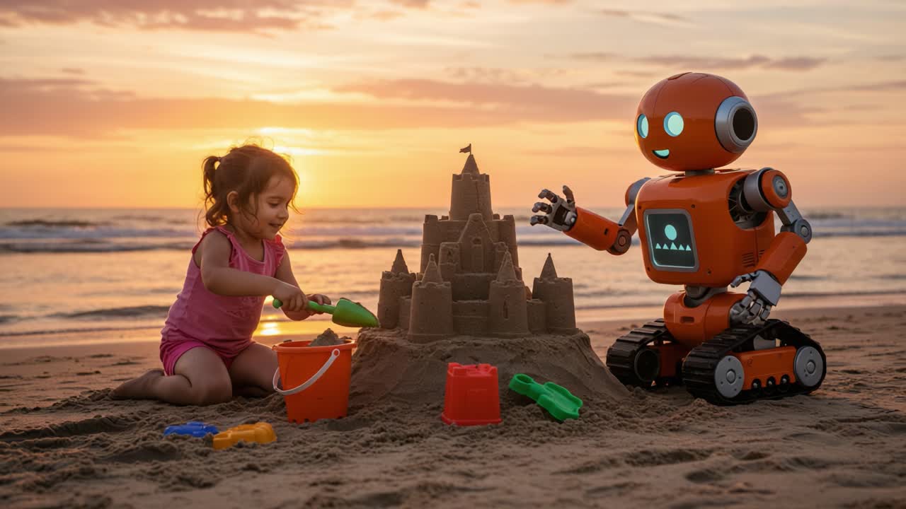 A Child and a Robot Collaborate to Build an Impressive Sandcastle on the Beach at Sunset, Showcasing a Unique Bond of Friendship and Creativity