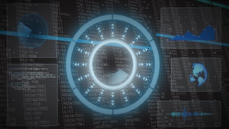 Futuristic digital interface with circular design and data processing animation