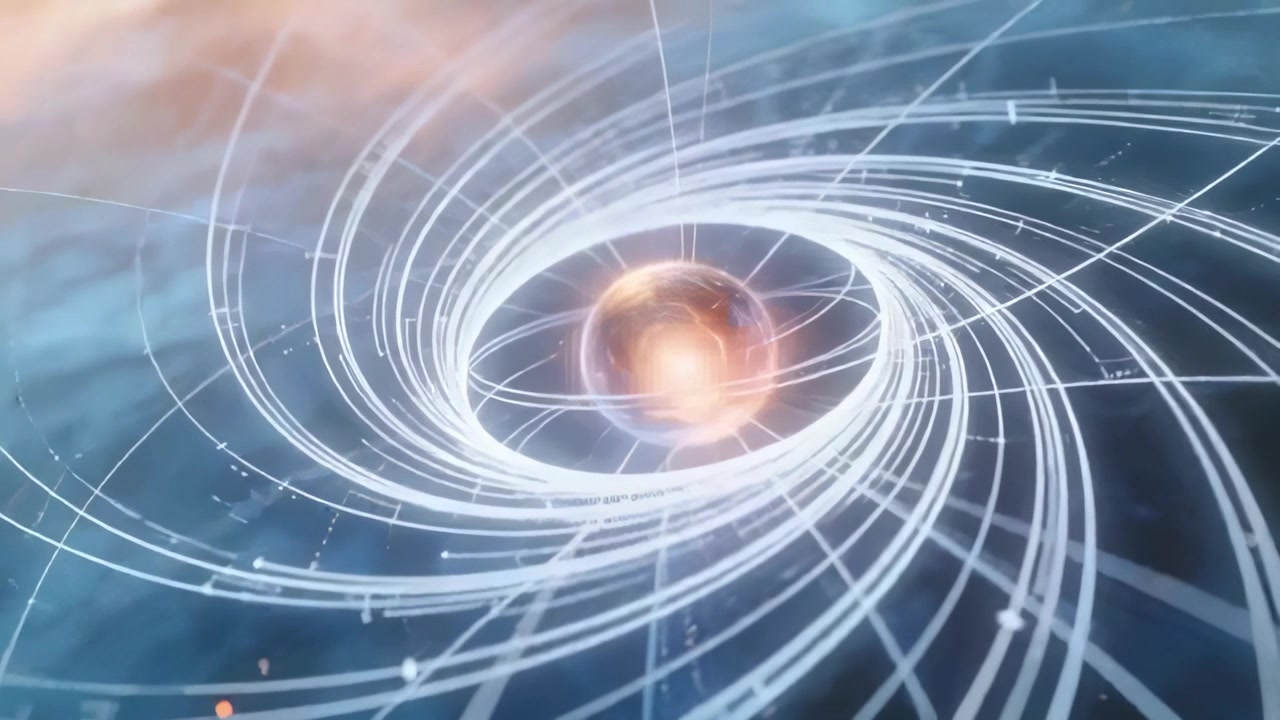 Reacting to warm flare appearing, pulsing central orb pulling spiral bands inward in sci-fi space