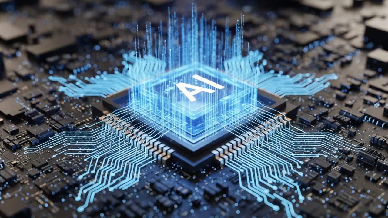 Exploring the Future of Technology: A Close-Up View of an AI-Enhanced Microchip with Glowing Circuitry and Data Transmission Visuals