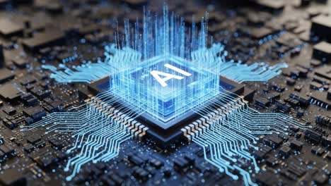 exploring the future of technology: a close-up view of an ai-enhanced microchip with glowing circuitry and data transmission visuals