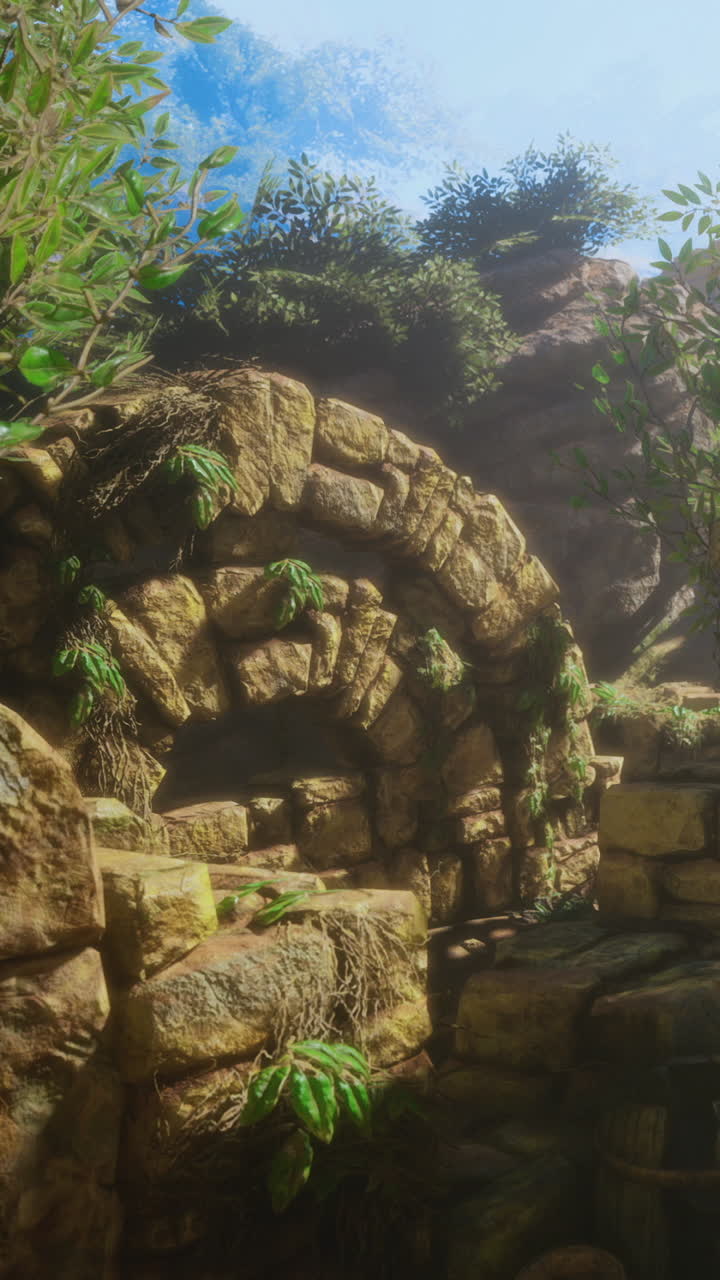Antico arco in pietra circondato da piante in un ambiente naturale